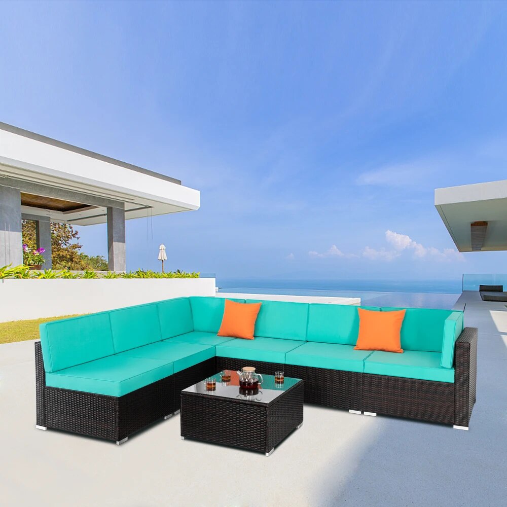 7Pcs Patio Furniture Set Modular Sofa Include 2 Corner Sofa 4 Armless Sofa 1 Coffee Table PE Cane Iron Lake Blue[US-Stock]