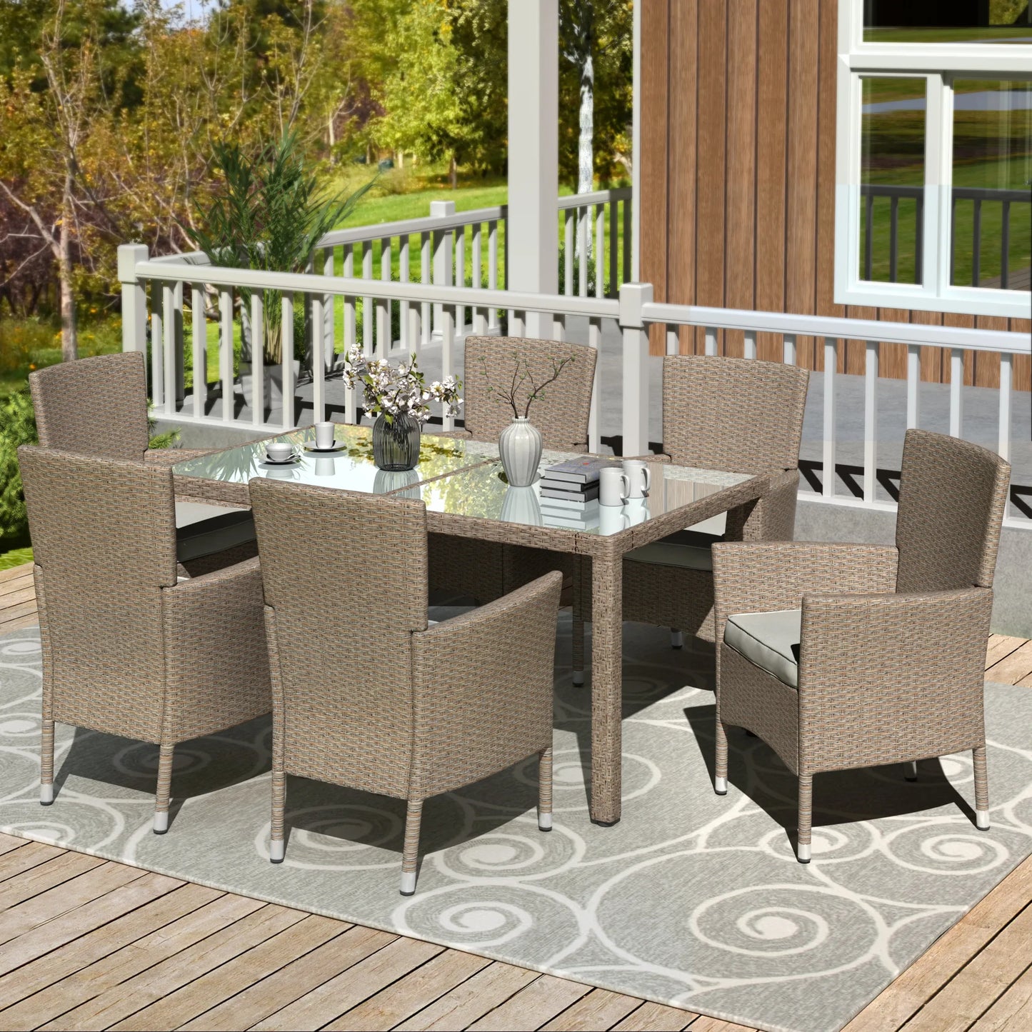 Outdoor Wicker Dining Table Chair 7 Piece Outdoor Patio Furniture Set 1 Table+6 Chairs Brown Seating Beige Cushions[US-Stock]