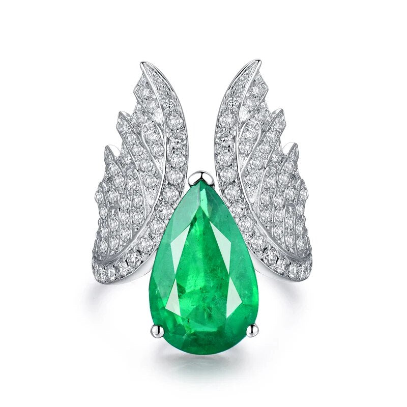 Angel Wings Rings Women 18Kt White Gold Natural Heart Cut Emerald Stones Genuine Diamonds Engagement Ring For Yound Lady Jewelry