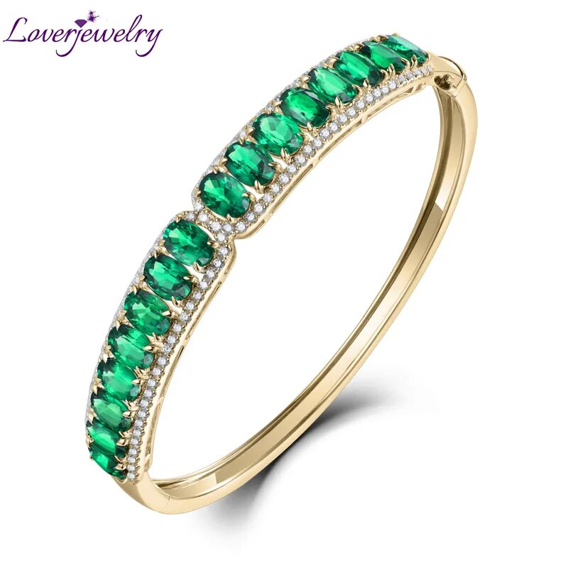 LOVERJEWELRY Luxury Bracelets Real 18Kt AU750 Yellow Gold With Genuine Diamonds Natural Stone Emerald Bangeles For Women Wedding
