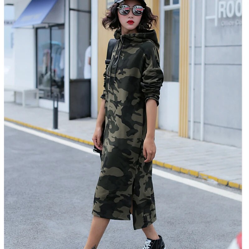 Autumn Basic Hooded Dress Sweatshirts Women Korean Fashion Camouflage Hoodies New Long Outwear Split Casual Pullover Vestido