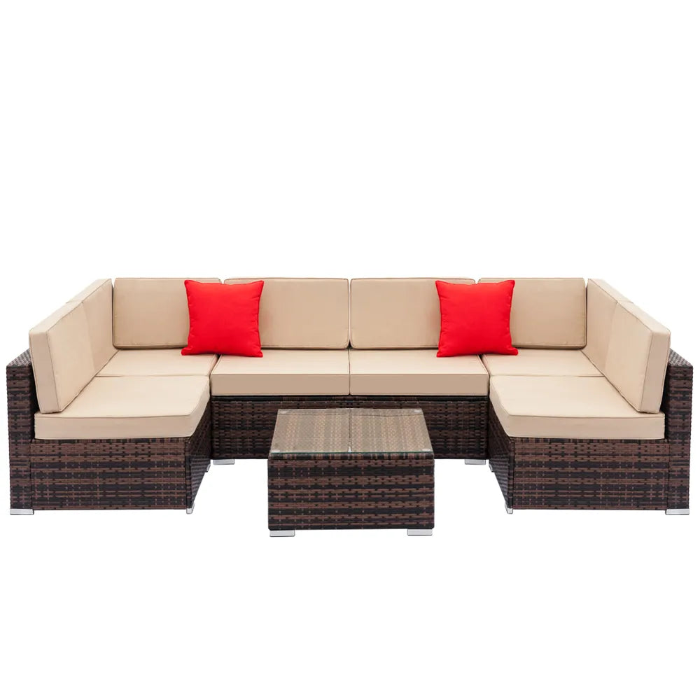7 Pieces Outdoor Sectional Sofa Patio Furniture Sets PE Rattan Wicker Patio Conversation Set with 6pcs Sofas & 1pcs Coffee Table