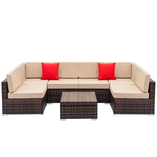 7 Pieces Outdoor Sectional Sofa Patio Furniture Sets PE Rattan Wicker Patio Conversation Set with 6pcs Sofas & 1pcs Coffee Table