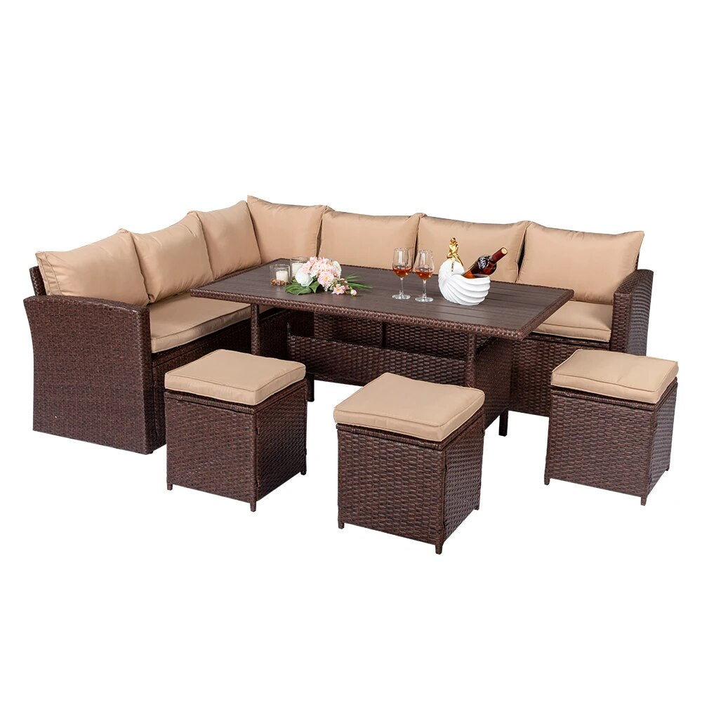 Eight-Piece Set Outdoor Rattan Dining Table And Chair Brown Wood Grain Rattan Khaki Cushion Plastic Wood Outdoor Furniture Set
