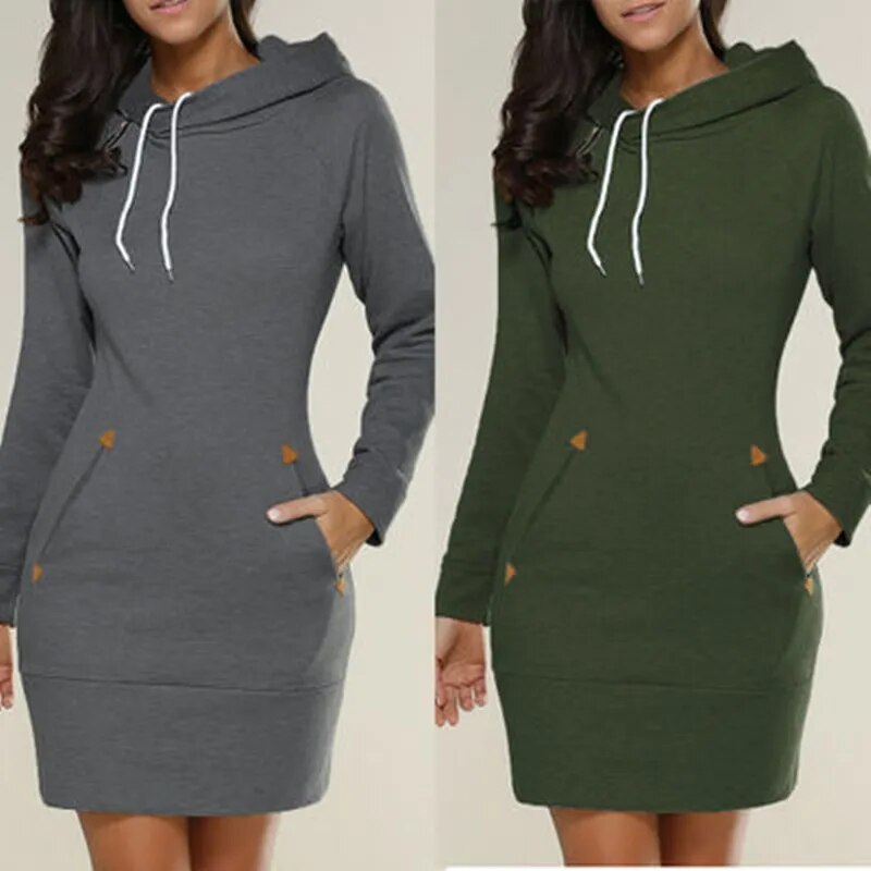 Bikoles Spring Autumn Hooded Drawstring Women's Sweatshirt Dress Fashion Solid Pocket Package Hip Ladies Mini Dresses Plus Size