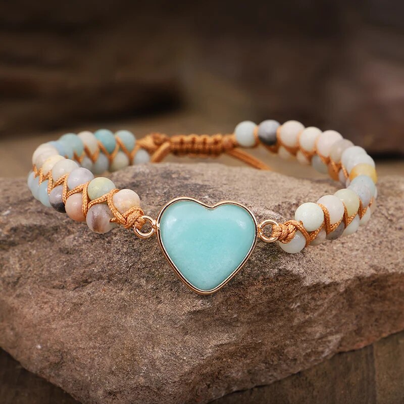 Handmade Jewelry Amazonite Heart Shape Charm Bracelets for women String Braided Macrame Bracelets Lover Wrap Bracelet Femme