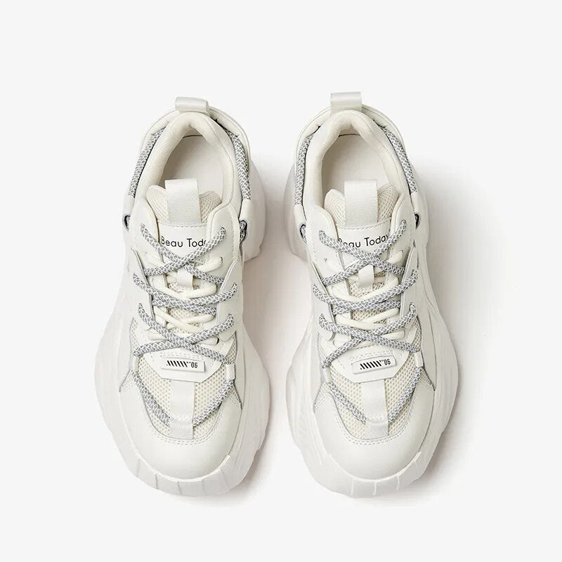 BeauToday Chunky Sneakers Women Synthetic Leather Patchwork Mixed Color Side Lace Fashion Thick Sole Ladies Casual Shoes 29413