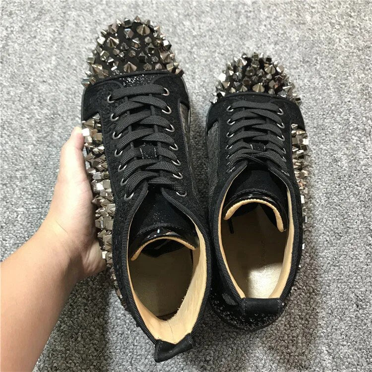 Svonces Luxury Brand Sequins Men Shoes High Top Black Suede Studded Rivets Lace Up Crytsal Shoes For Men Casual Shoes Sneakers