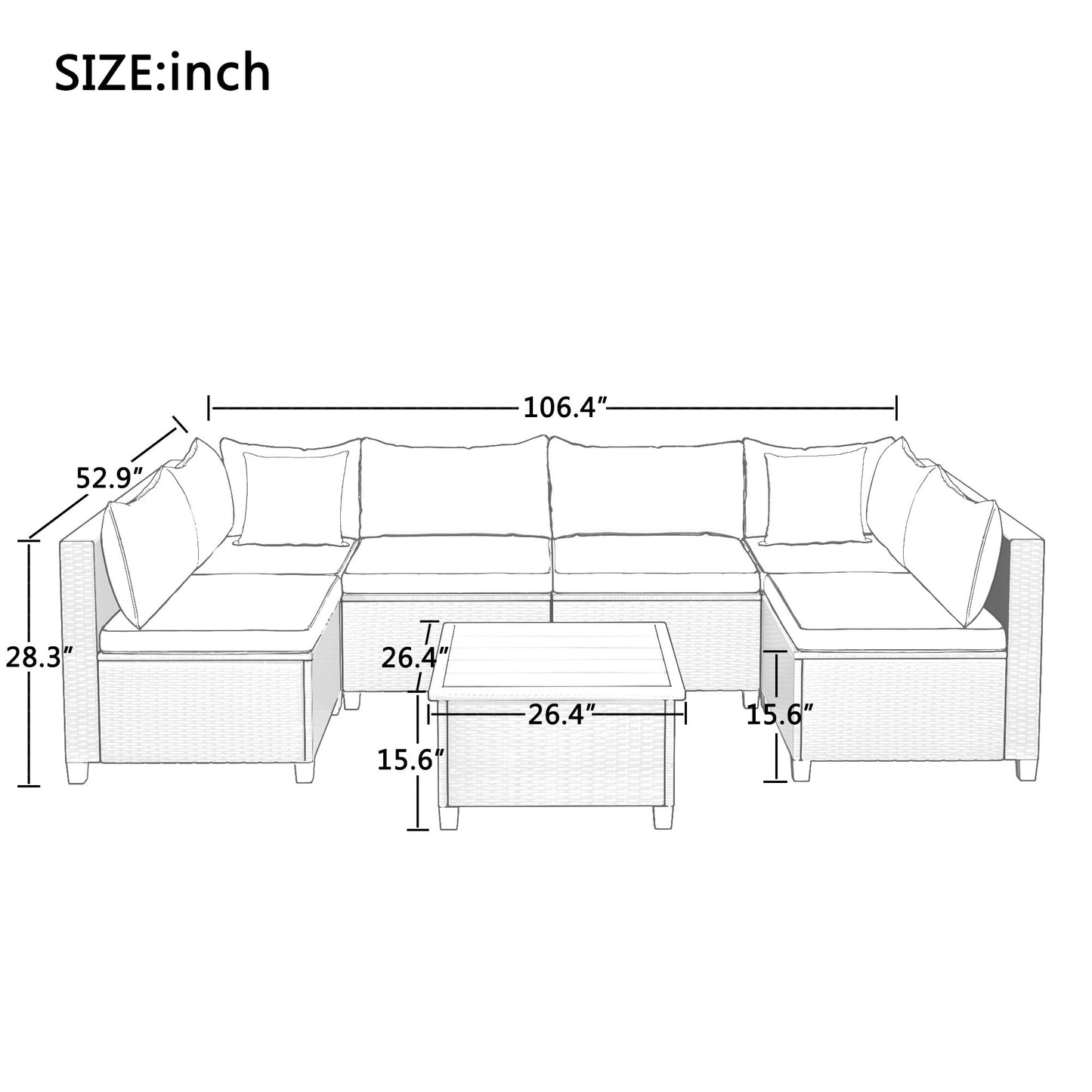Rattan Wicker Outdoor Patio Furniture Set U-Shape Sectional w/ Cushions&Accent Pillows 1 Table+4 Armless+2 Corner Sofa[US-Stock]