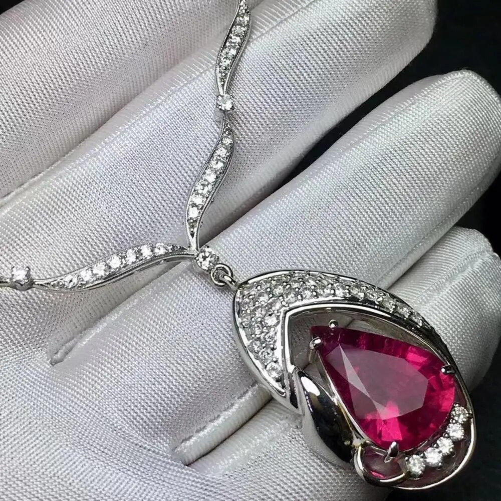 Fine Jewelry Real Pt900 Platinum Gold 100% Natural Rubi Tourmaline 8.25ct Female Diamond Gemstones Diamonds Pendants Necklaces