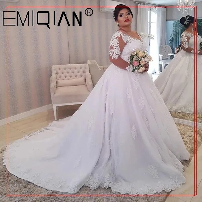 Plus size Lace Appliques Wedding Dresses Long Sleeves Lace Up Back Wedding Gowns Bride Dresses robe de mariee - KAISERINC
