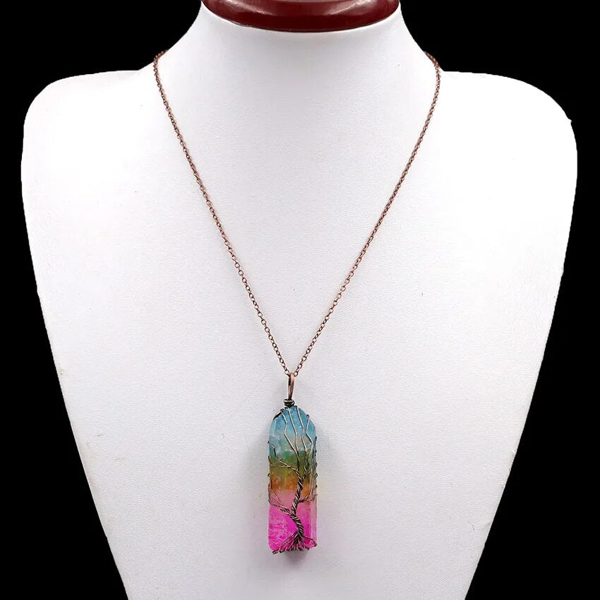 Vintage Reiki Natural Stone Crystal Pendant Necklace Women Men  Wire Wrap Tree of Life Pendants Pendulum Gems Rainbow Jewelry