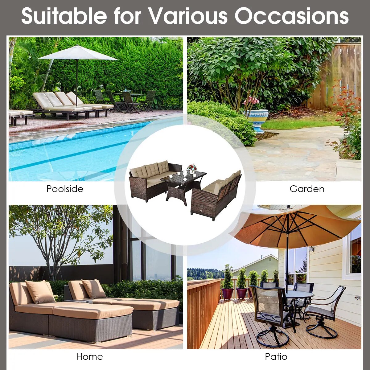 Costway 3PCS Rattan Dining Set Patio Furniture 6 Seats Sofa Cushioned