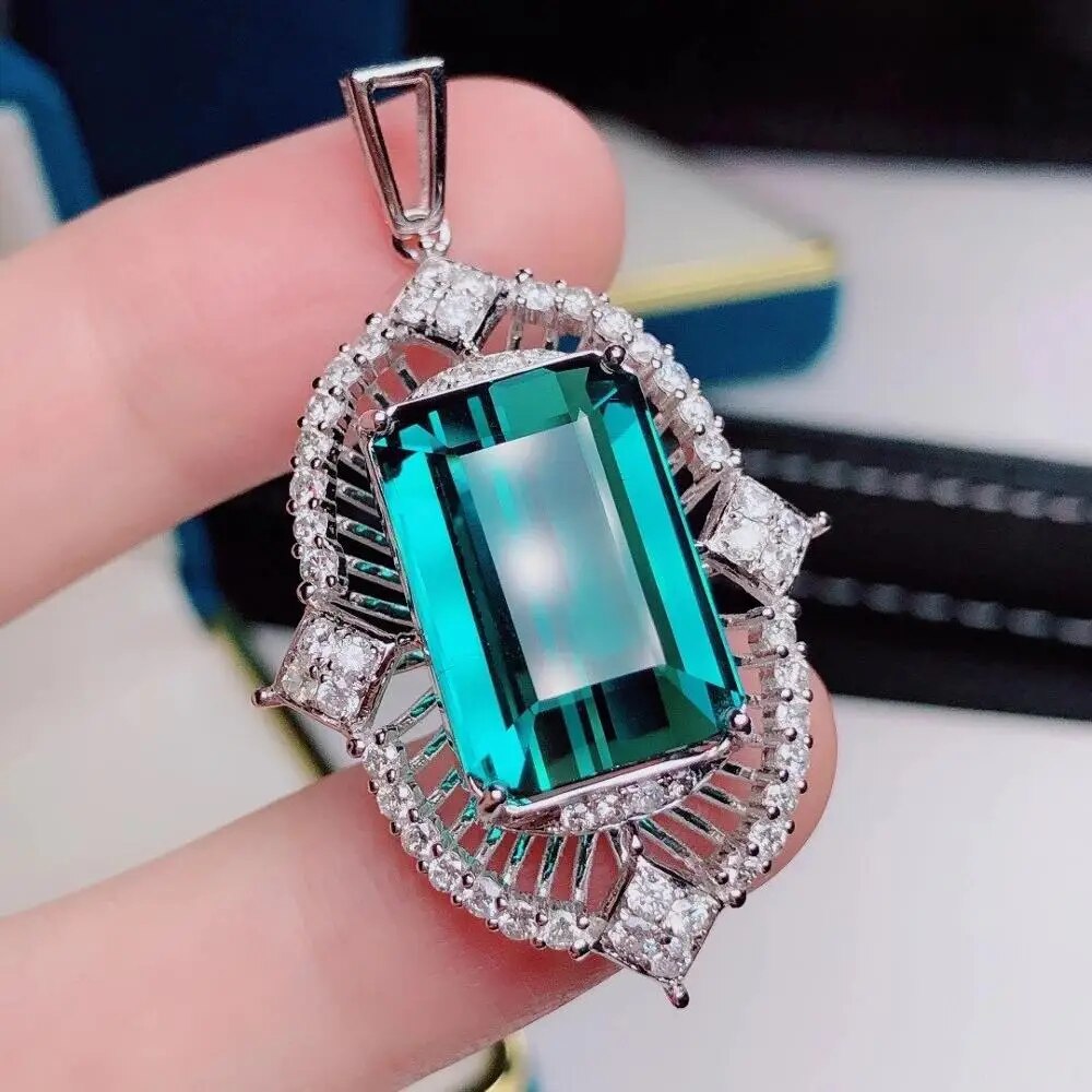 H915 Fine Jewelry Solid 18K Gold 100% Natural 17.55ct Blue Tourmaline Diamonds Gemstone Diamond Women's Pendants Necklaces