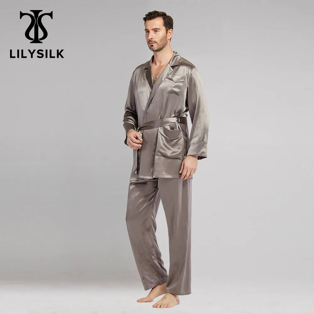 LILYSILK 100 Silk Pajama Set for Men 22 momme Robe Style Sleepwear Long Sleeves Luxury Natural Men's Clothing Free Shipping