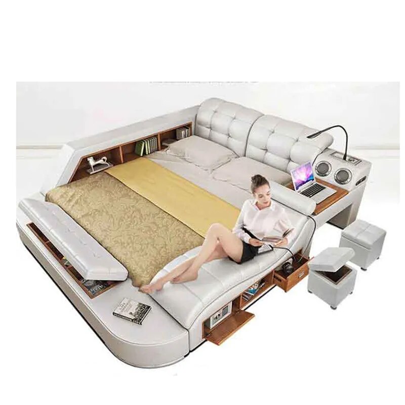 king size leather soft bed bedroom furniture tatami smart soft bed  2 people hp002