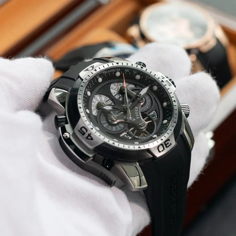 Reef Tiger/RT Sport Watch with Perpetual Calendar Date Day Steel Case Black Leather Strap Mechanical Men's Watches RGA3503