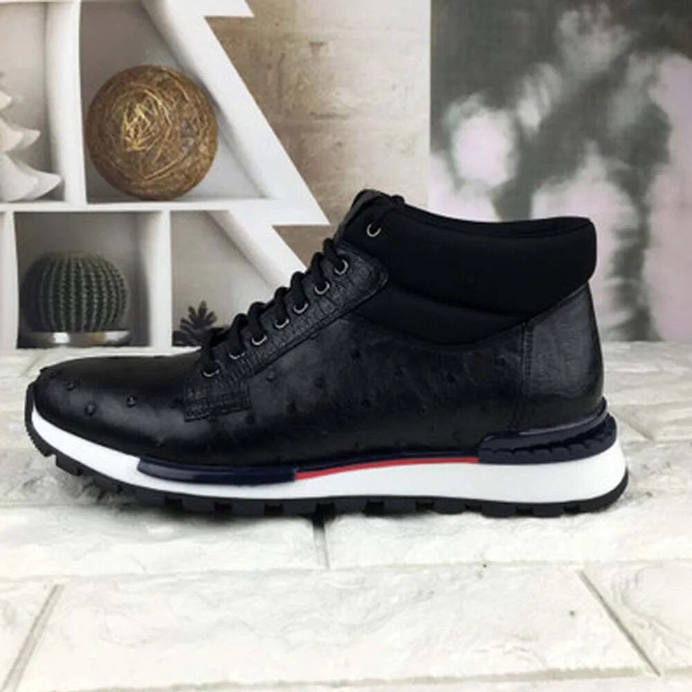 ousidun Autumn winter new ostrich skin men shoes men boots  men's casual leather shoes comfortable  lacing men boots hight cut