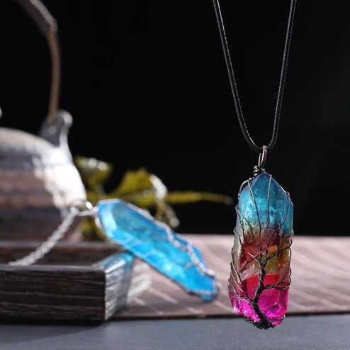 Vintage Reiki Natural Stone Crystal Pendant Necklace Women Men  Wire Wrap Tree of Life Pendants Pendulum Gems Rainbow Jewelry