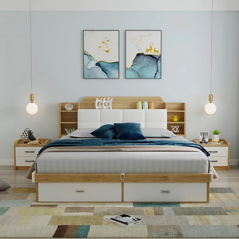 Modern minimalist furniture bed small apartment 1.5 / 1.8 meters double bed with soft back bed