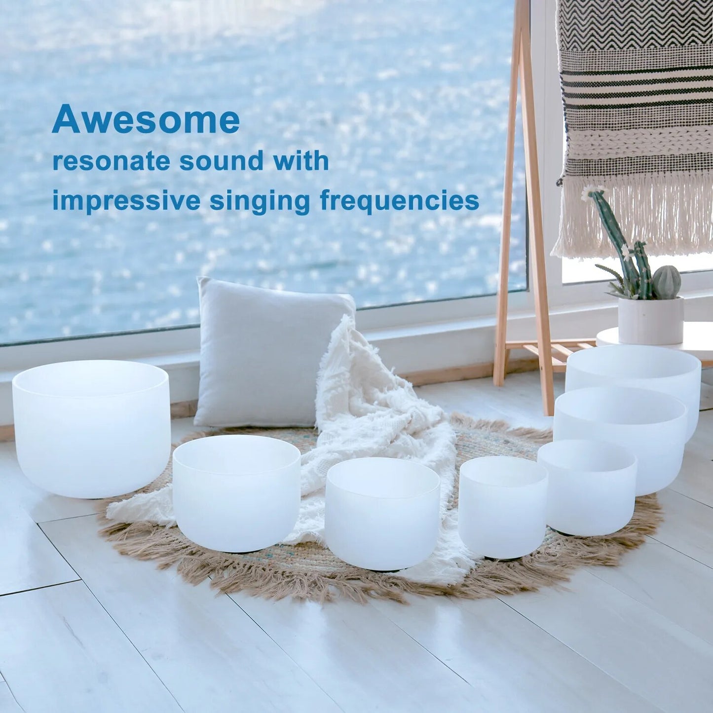 CVNC 6-12" White Frosted Quartz Crystal Singing Bowl Chakra Set 7pcs for Sound Healing Yoga Mediation with Mallets
