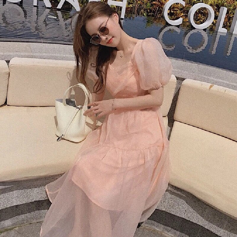 Lolita Puff Sleeve Slim Lace Chiffon Pink Dress Elegant Designer Dress Women French Bandage Dresses 2022 Autumn Women's Clothing