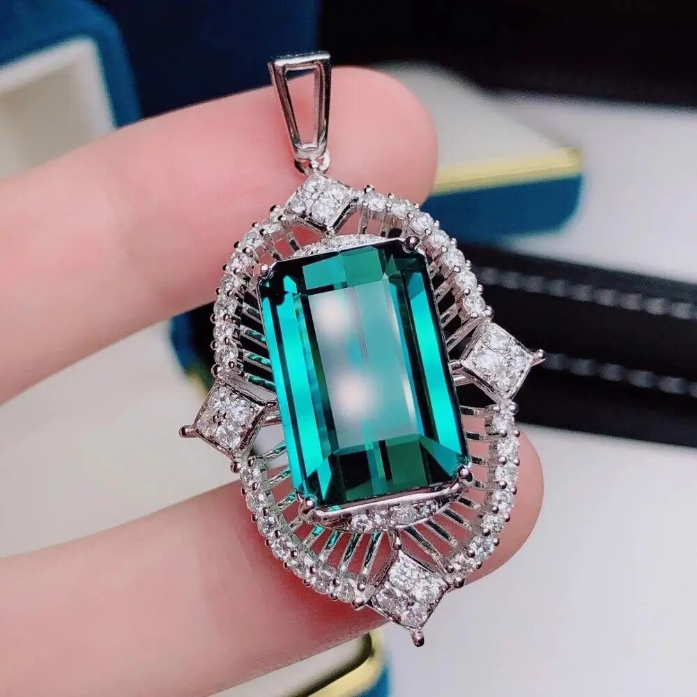 H915 Fine Jewelry Solid 18K Gold 100% Natural 17.55ct Blue Tourmaline Diamonds Gemstone Diamond Women's Pendants Necklaces