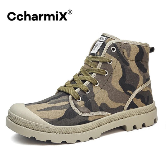 CcharmiX Men Canvas Boots Army Combat Style Fashion High-top Military Ankle Boots Men's Shoes Comfortable Camo Sneakers Big Size