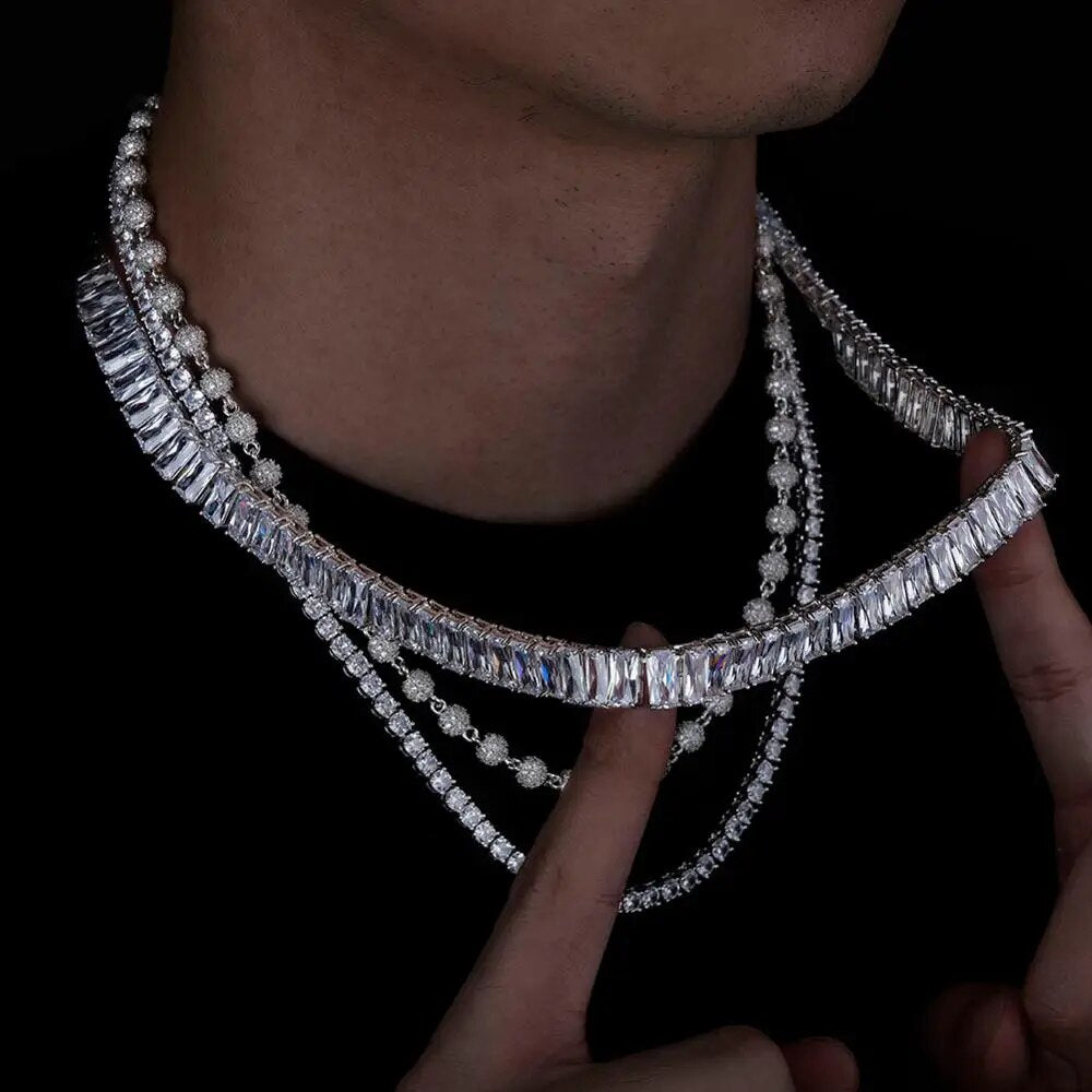 TOPGRILLZ Necklace 10mm22‘’ Baguette Necklace with 6mm18‘ ’Ball Chain Choker with 4mm20‘’ Tennis Chain Hip Hop Jewelry