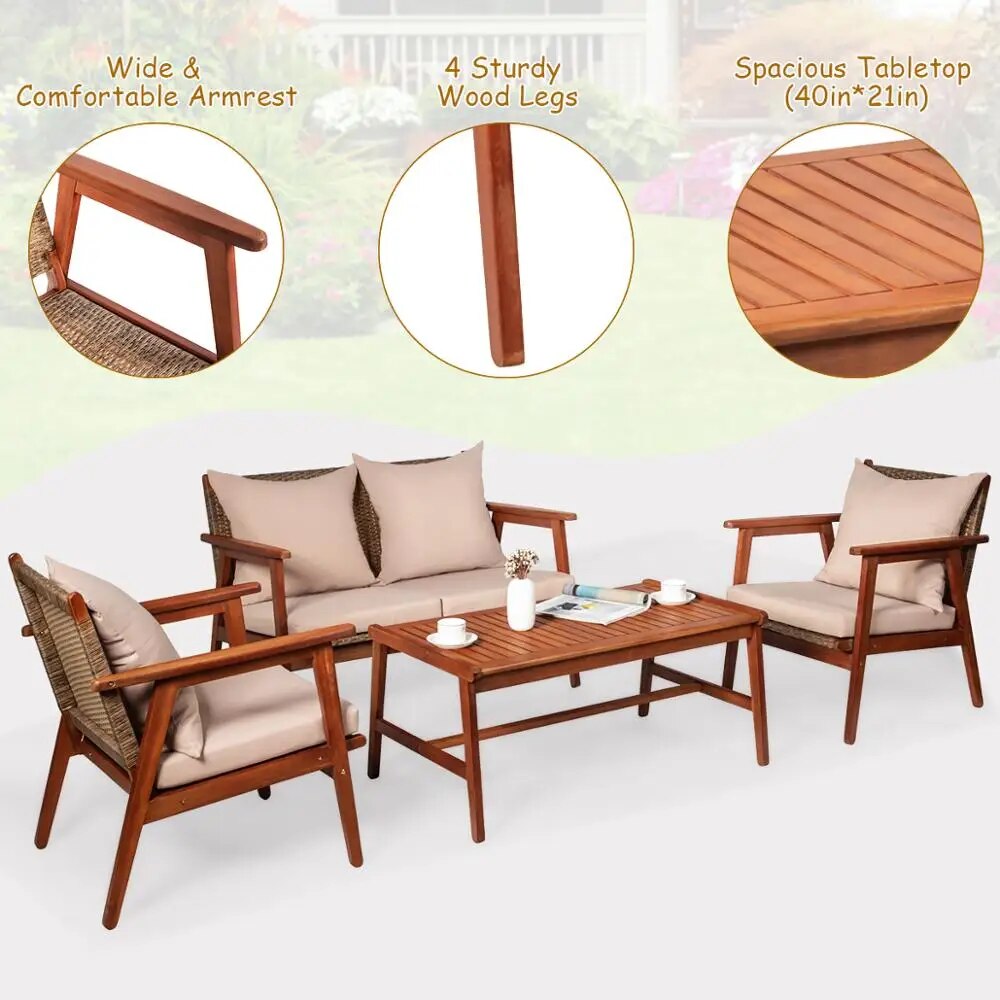 8PCS Patio Rattan Furniture Set Acacia Wood Frame Cushioned Sofa Chair Garden 2*HW66517+