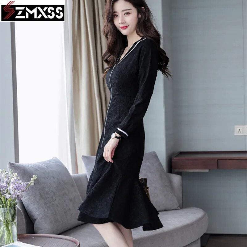 SZMXSS 2019 Korean Version Autumn New Women's Clothing V-Neck Pleated Slim Printed Pencil Dress Long-Sleeved Mini Dresses