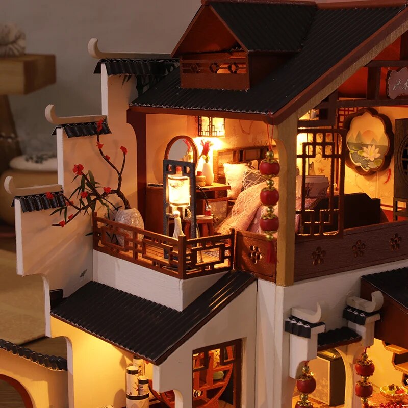 DIY Wooden Dollhouse Chinese Town Architecture Doll Houses Miniatures with Furniture Toys for Children Friend Birthday Gift