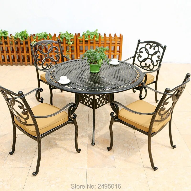 Good quality 5-piece outdoor furniture dining set cast aluminum armrest chairs round table dia120cm for poolside, backyard,Porch