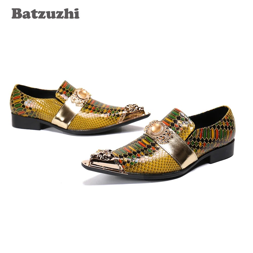 Batzuzhi Japanse Type Men's Shoes Genuine Leather Dress Shoes Pointed Toe Slip on Gold Party/Business/Wedding Zapatos Hombre!
