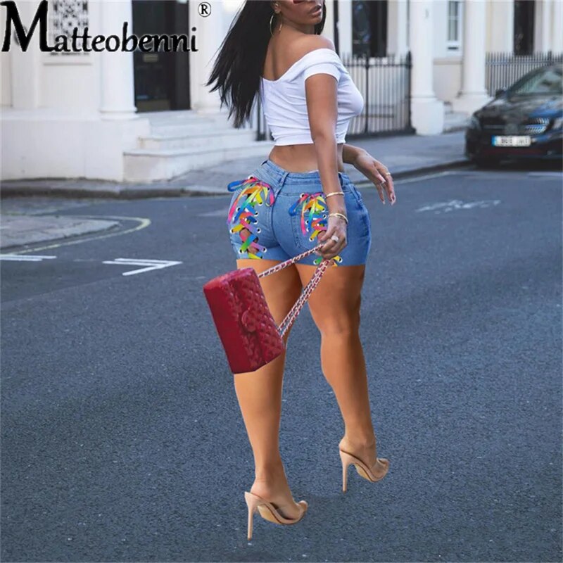 Criss-Cross Colorful Lace Up Hollow Out High Waist Jeans Women Denim Shorts 2021 Sexy Fashion Casual High Street Ladies Shorts