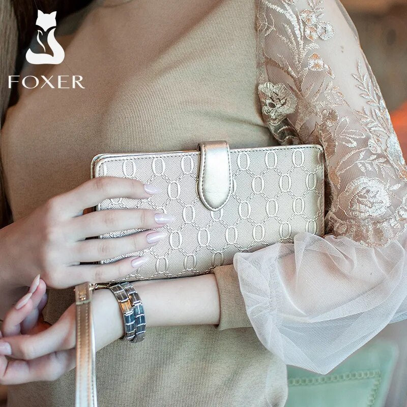 FOXER Brand Women's Long Cow Leather Wallets Ladies Clutch Bags Famous Designer Purses Women Purse Fashion Female Cowhide Wallet