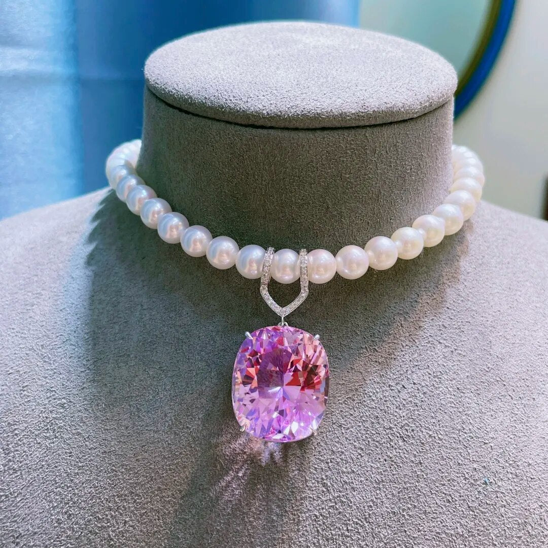LR713 Fine Jewelry Real Pure 18K White Gold Jewelry 100% Natural Kunzite 38ct Gemstone Diamonds Pendant Neckalces for Women