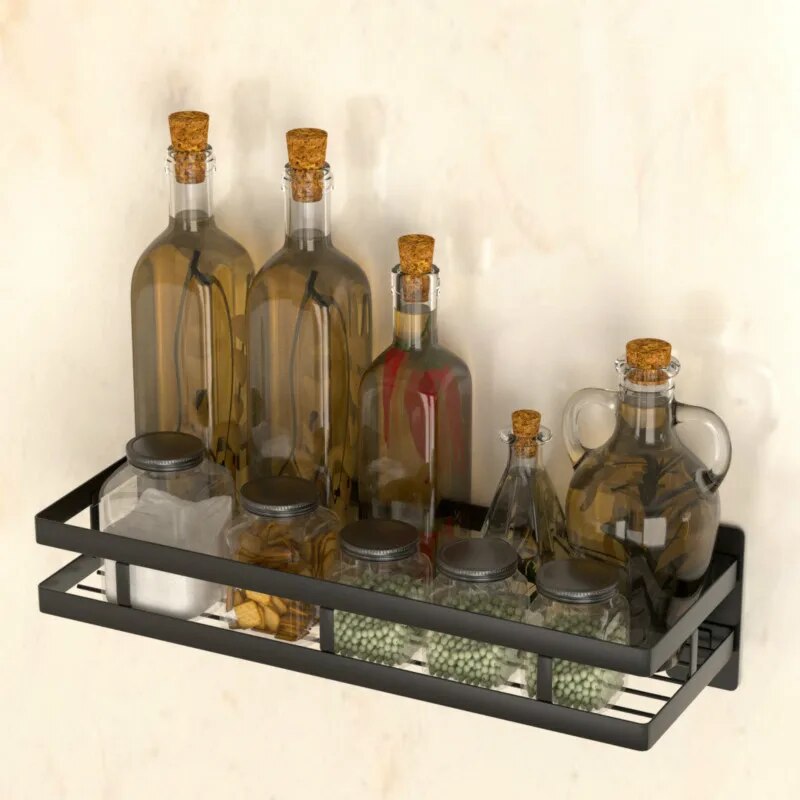 Kichen Organizer Kitchen Condiment Rack Storage Rack Nail-free Black Stainless Steel Removable for Easy Cleaning
