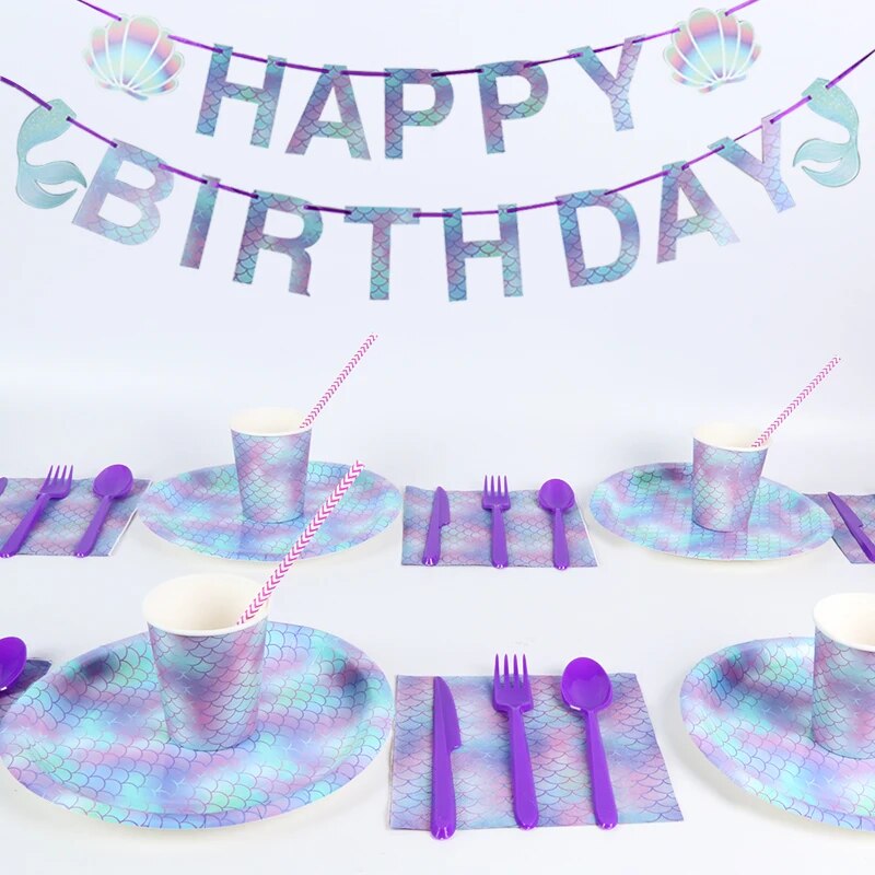 Mermaid Tail Party Headband Happy Birthday Bunting Banner Mermaid Birthday Party Decoration Girl Baby Shower Under the Sea Party