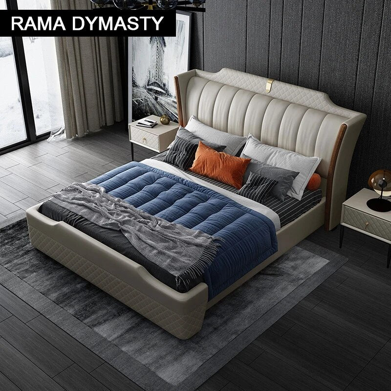 RAMA DYMASTY genuine leather soft bed modern design bed/ fashion king/queen size bedroom furniture