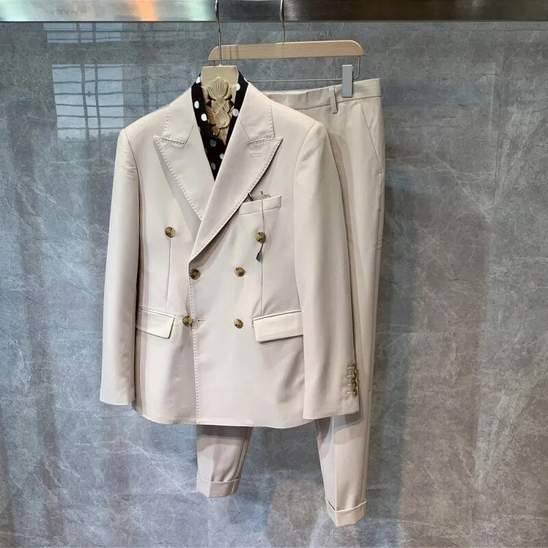 Mens Double Breasted Formal Blazer Pants Two Piece Set Slim Fit Groom Wedding Dress Suit Male Business Man Colors Costume Homme