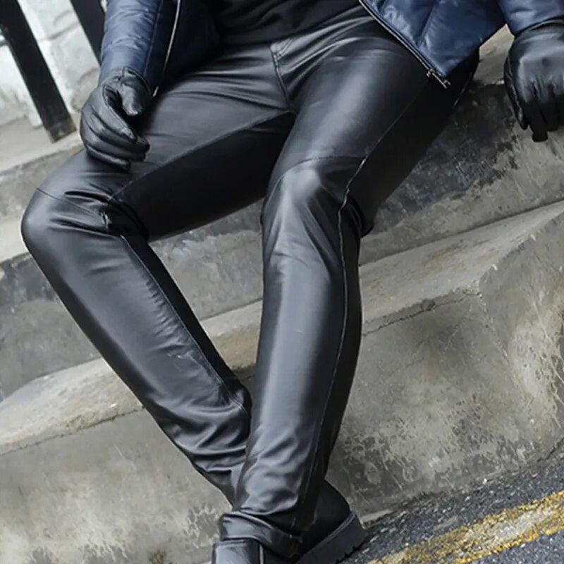 Sheepkin Pants Fit Stretchy Men's Business Autumn Winter Genuine Leather Pants Male Elastic Tight Trousers Shiny Pencil Pants
