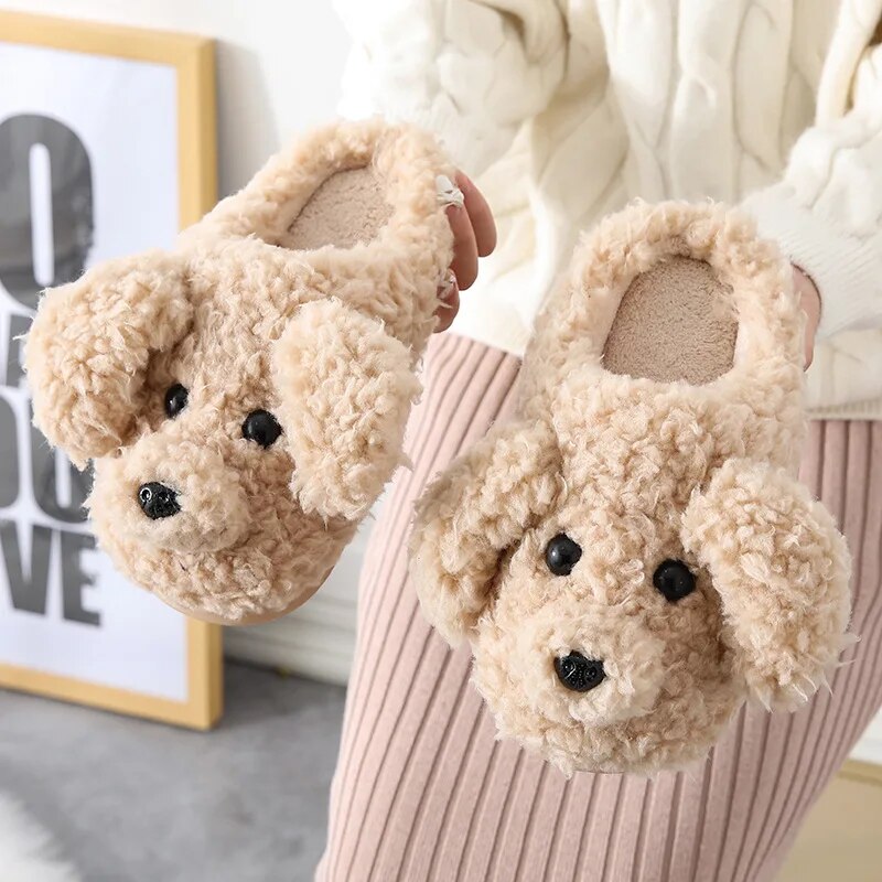 New Autumn Winter Women Slippers Cute Cartoon Dog Indoor Floor Anti-slip Shoes Children Ladies Indoor Bedroom Cotton Fur Slides