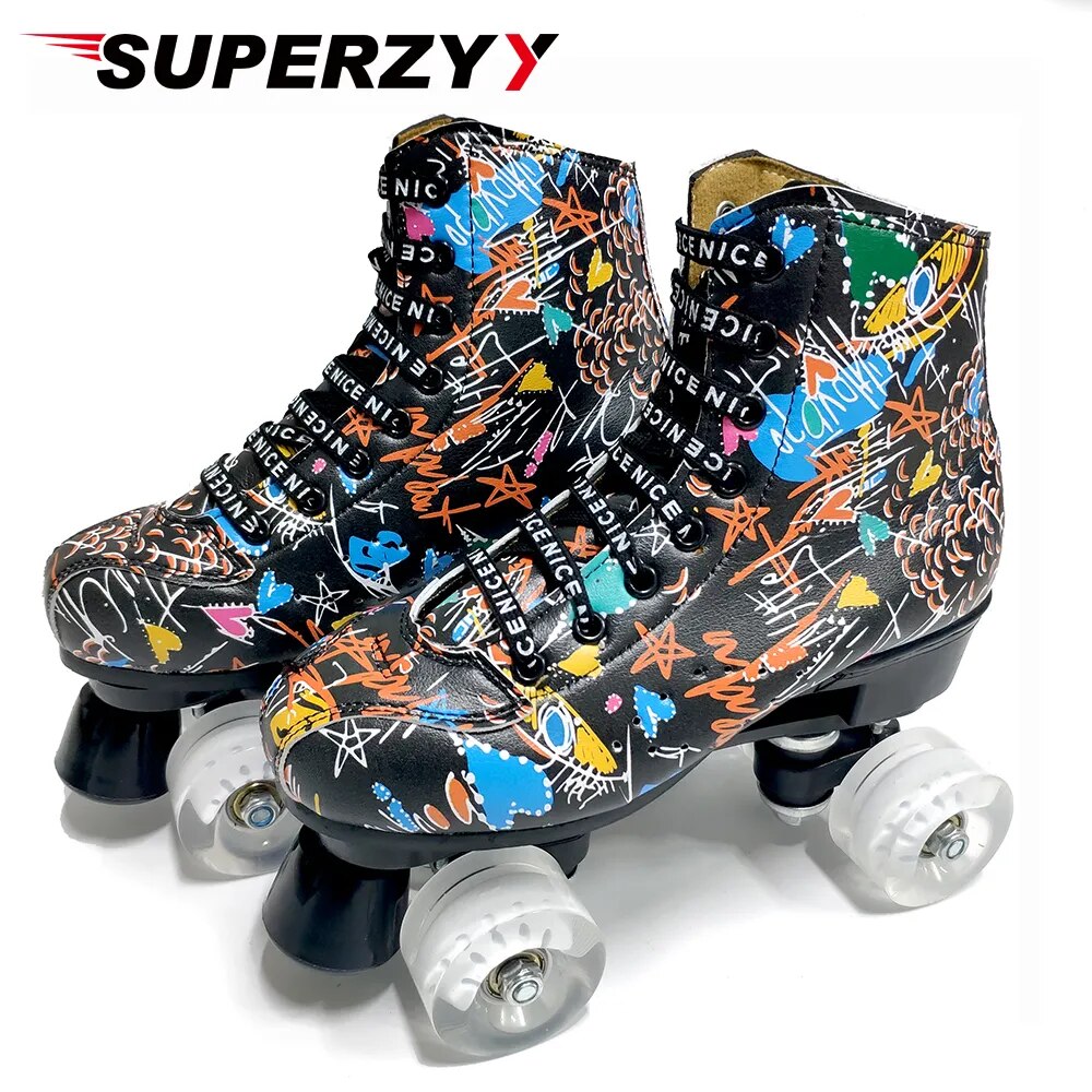 Print White Black Microfiber Roller Skates Double Row 4 Wheels PU Skating Shoes Skates Kids Gifts Roller Sneakers Training