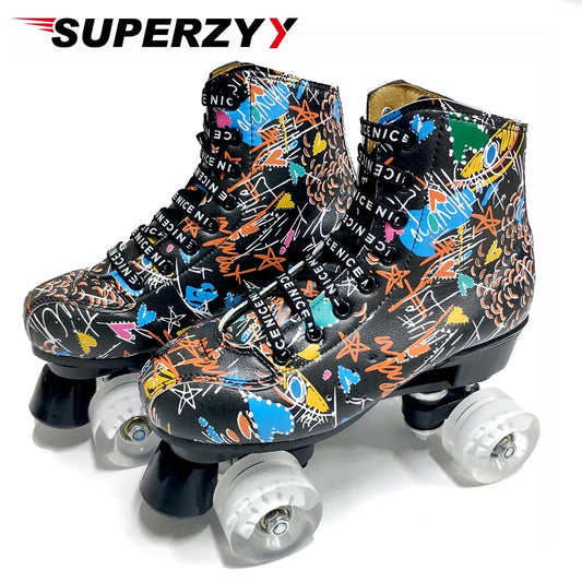 Print White Black Microfiber Roller Skates Double Row 4 Wheels PU Skating Shoes Skates Kids Gifts Roller Sneakers Training