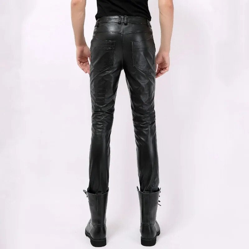 Classic Solid Color Men Genuine Leather Cowhide Motorcycle Pants Autumn Winter Skinny Pencil Pants Streetwear Punk Mens Trousers