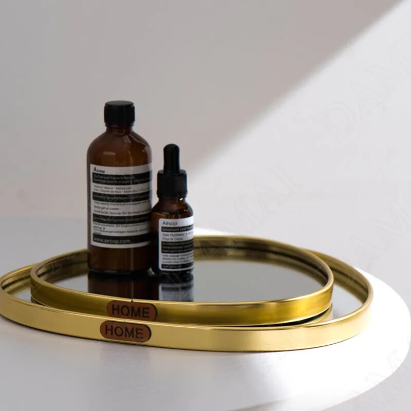 European Glass Mirror Storage Trays Gilded Metal Jewelry Organizer Living Room Desktop Aromatherapy Tray Home Decoration Modern