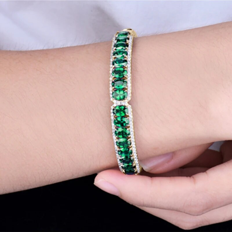 LOVERJEWELRY Luxury Bracelets Real 18Kt AU750 Yellow Gold With Genuine Diamonds Natural Stone Emerald Bangeles For Women Wedding