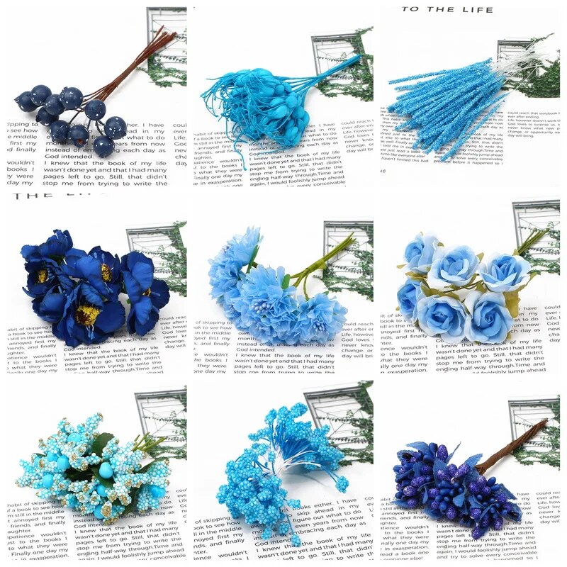 Mix Blue Flower Cherry Stamen Berries Bundle DIY Christmas Wedding Cake Gift Box Wreaths Decor 6/10/12/50/60/70/90/144pcs