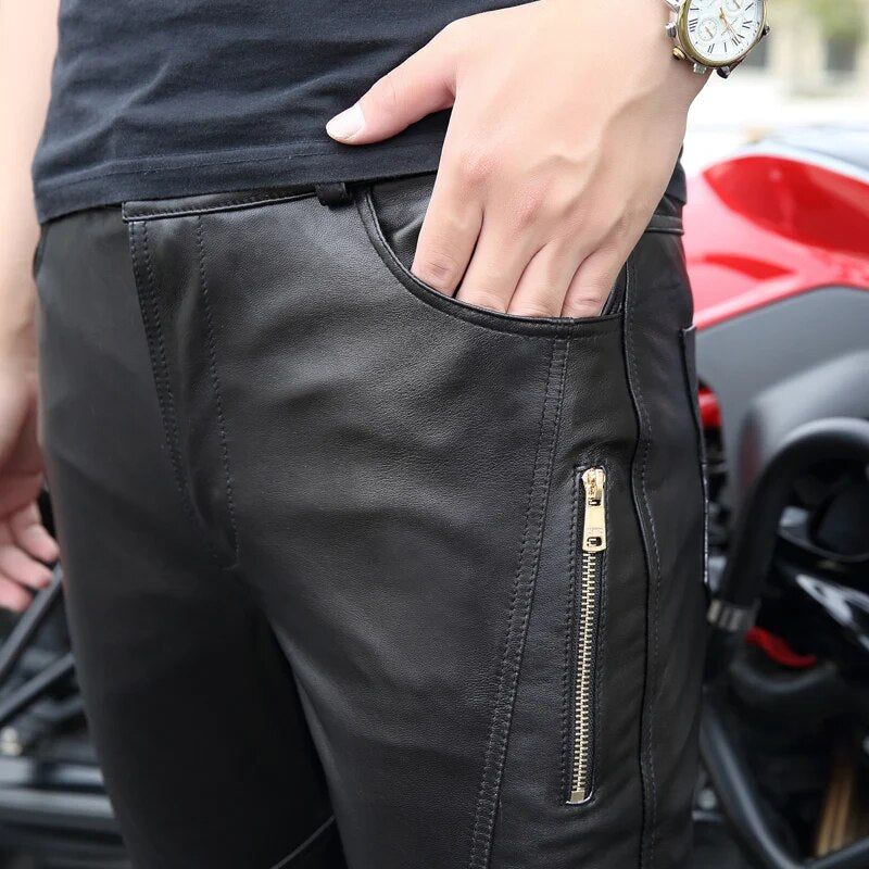 high quality New Men's Genuine Leather Pants Men Tight Locomotive Trousers Korean male Moto Natural sheepskin pencil pants 30-36